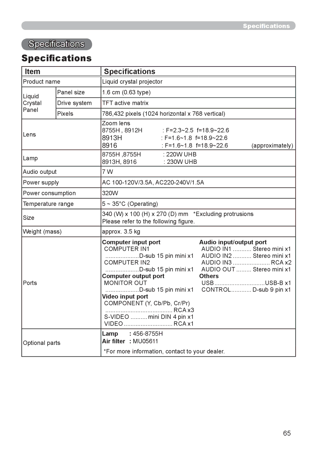 3Com 8916, 8913H, 8912H, 8755H user manual Specifications 