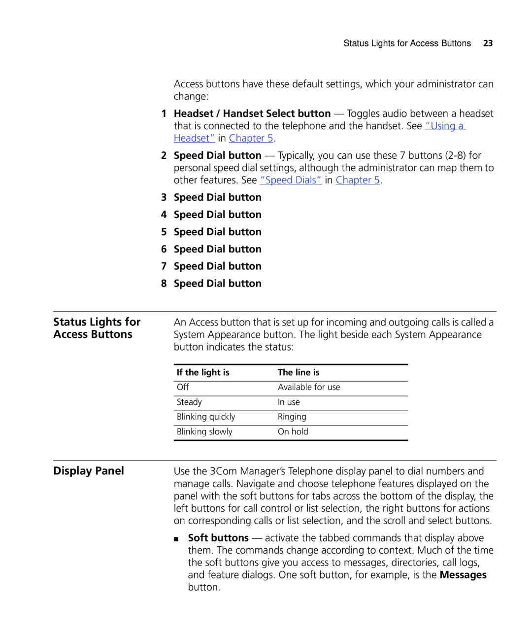 3Com 900-0208 Status Lights for, Display Panel, Speed Dial button, Button indicates the status, If the light is Line is 