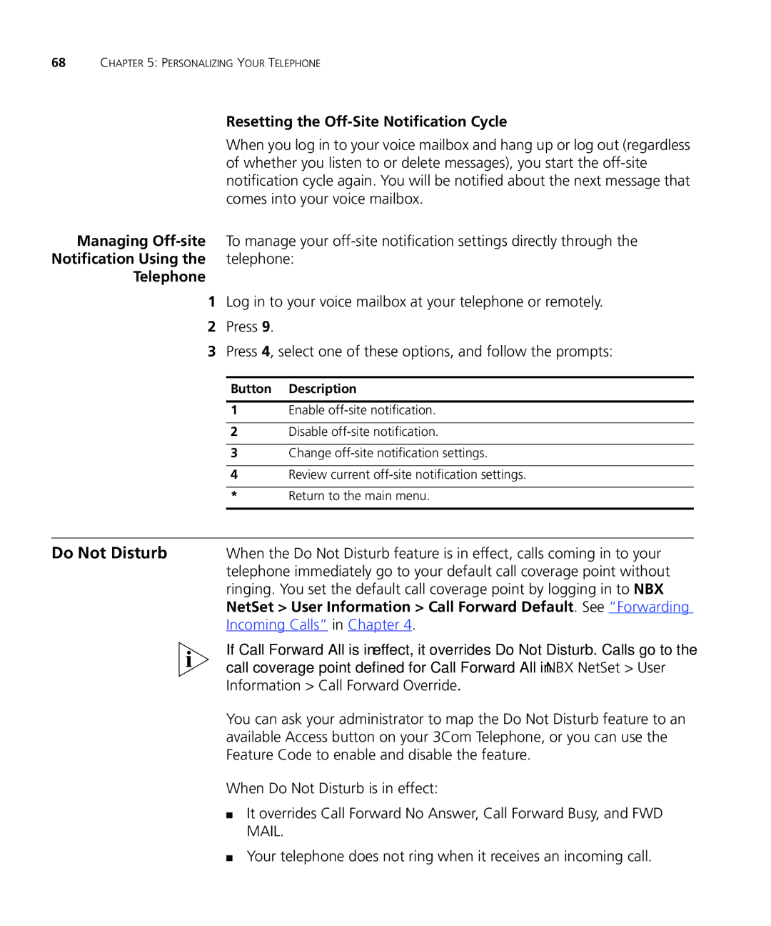 3Com 900-0208 manual Do Not Disturb, Resetting the Off-Site Notification Cycle, Managing Off-site, Telephone 