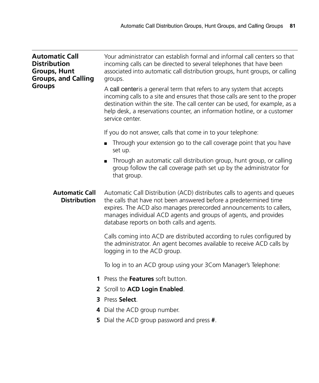 3Com 900-0208 manual Automatic Call, Distribution, Groups, Hunt, Groups, and Calling 