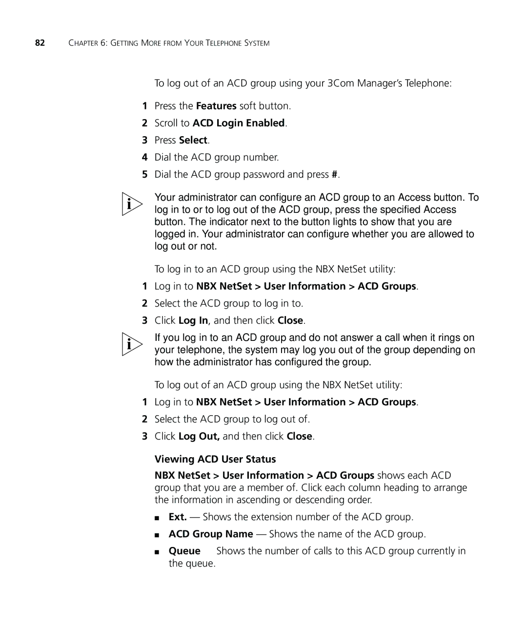 3Com 900-0208 To log in to an ACD group using the NBX NetSet utility, Log in to NBX NetSet User Information ACD Groups 