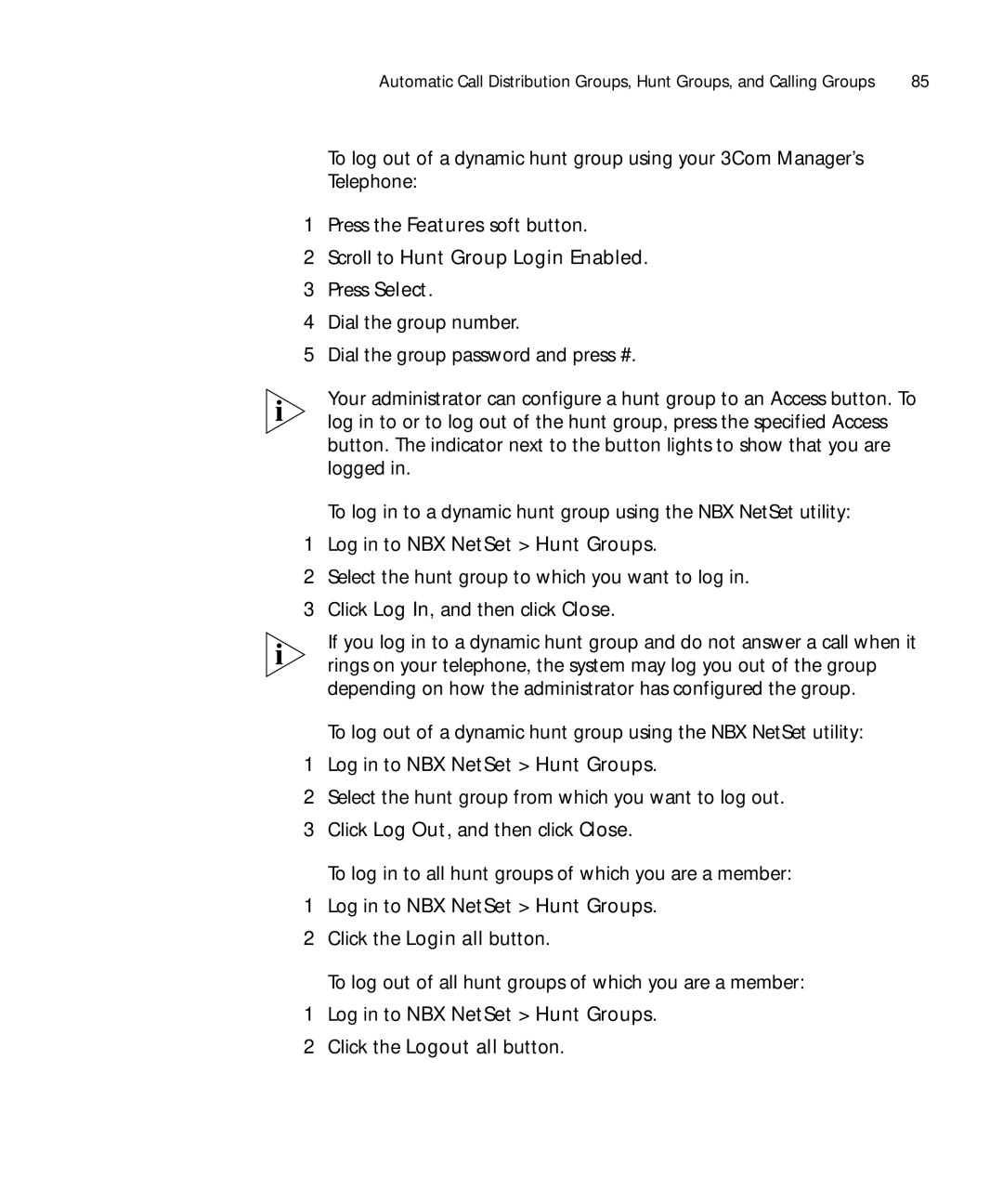 3Com 900-0208 manual Log in to NBX NetSet Hunt Groups, Click the Logout all button 