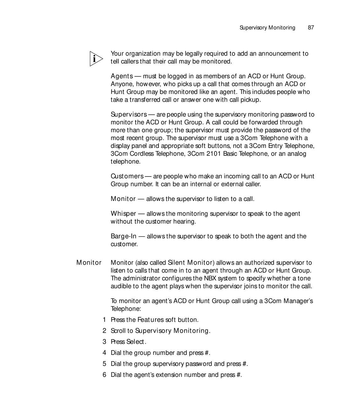 3Com 900-0208 manual Scroll to Supervisory Monitoring 