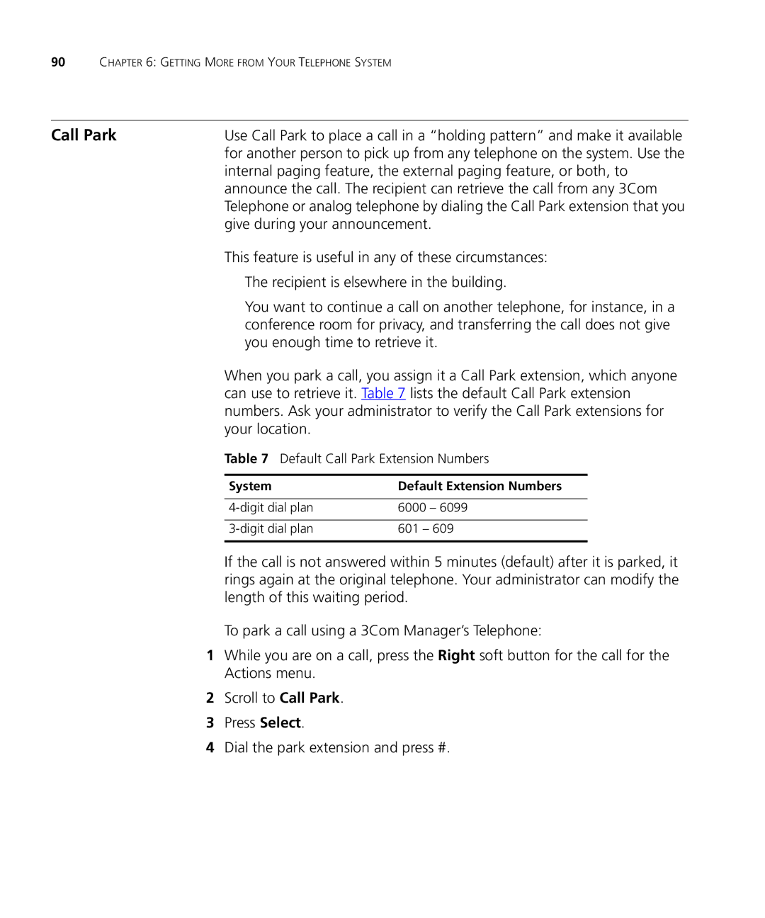 3Com 900-0208 Give during your announcement, Default Call Park Extension Numbers, System Default Extension Numbers 