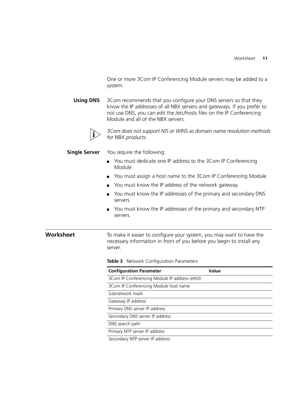 3Com 900-0368-01 manual Worksheet, Network Configuration Parameters 