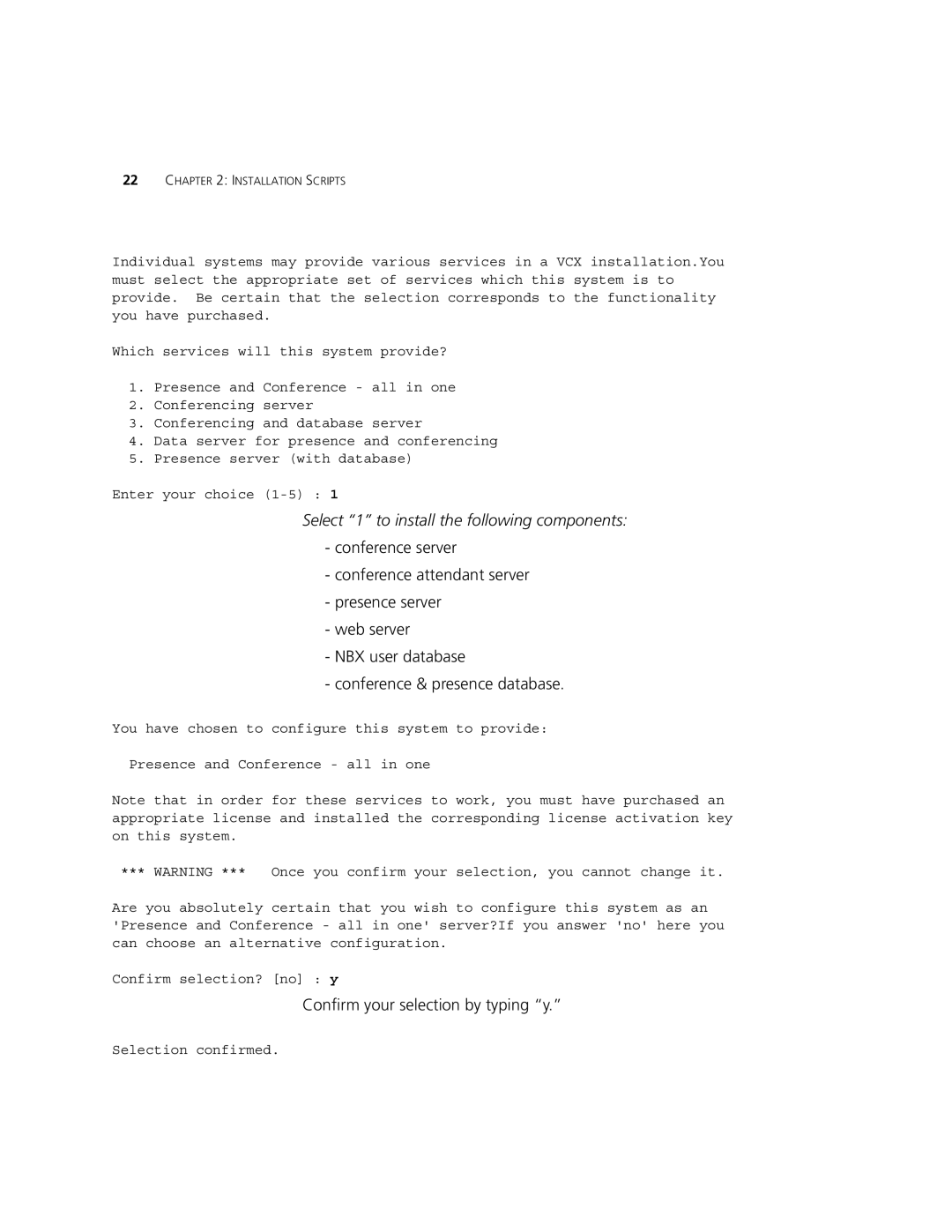 3Com 900-0368-01 manual Select 1 to install the following components, Confirm your selection by typing y 