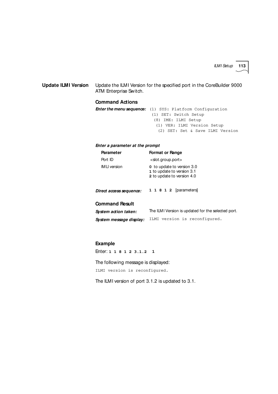 3Com 9000 manual Example Enter, Ilmi version of port 3.1.2 is updated to, SET Set & Save Ilmi Version 