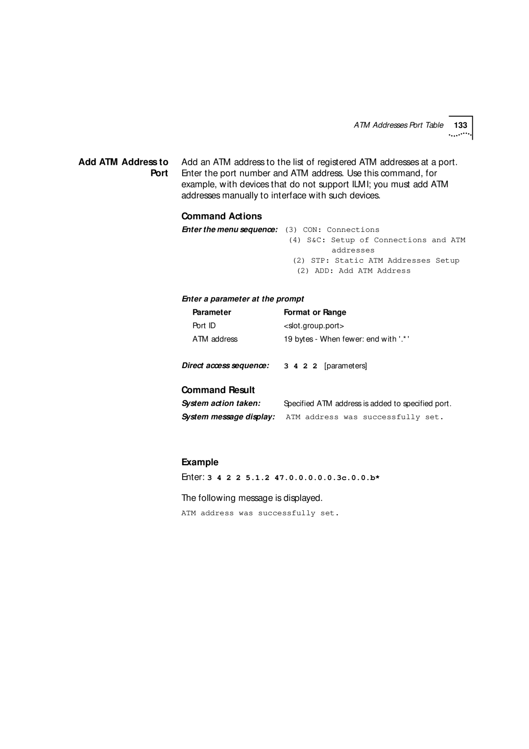 3Com 9000 manual C Setup of Connections and ATM, STP Static ATM Addresses Setup, ADD Add ATM Address 