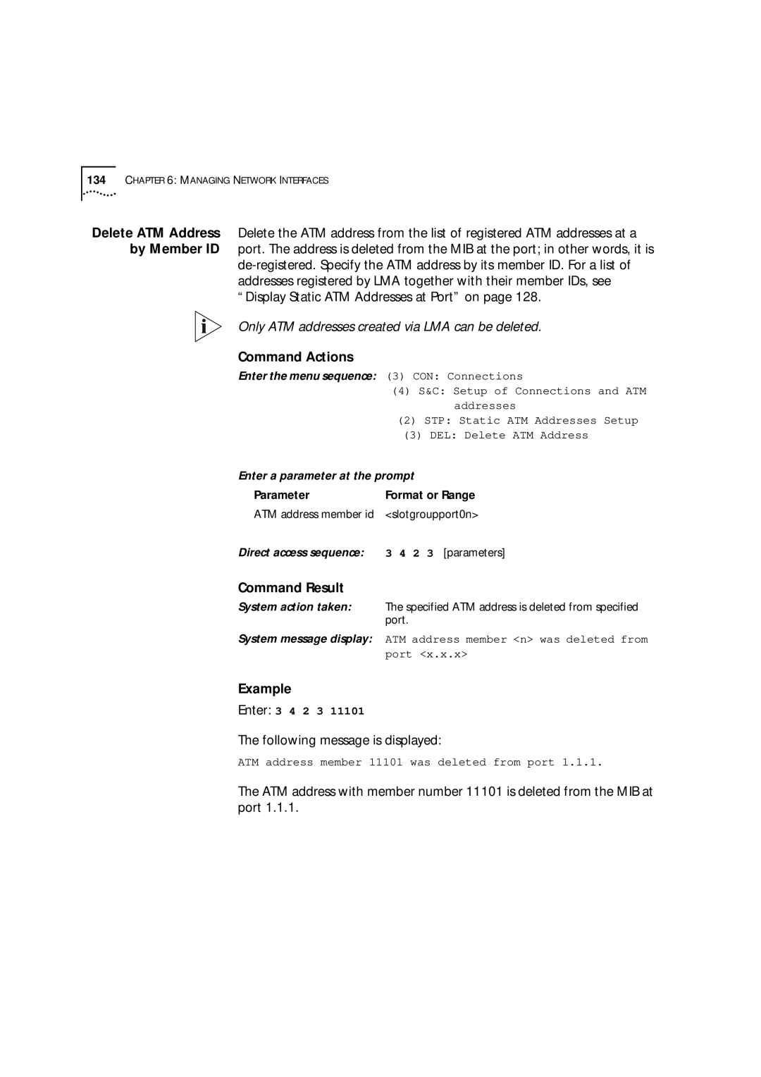 3Com 9000 manual DEL Delete ATM Address, ATM address member n was deleted from, Port 