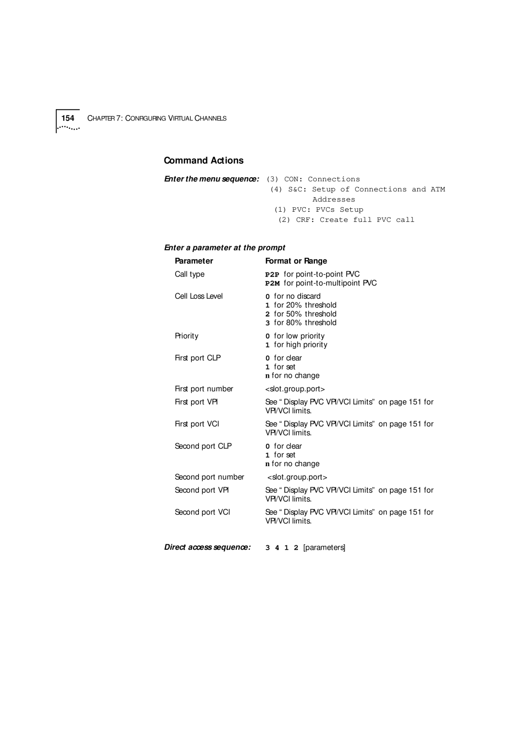 3Com 9000 manual Direct access sequence 3 4 1 2 parameters 