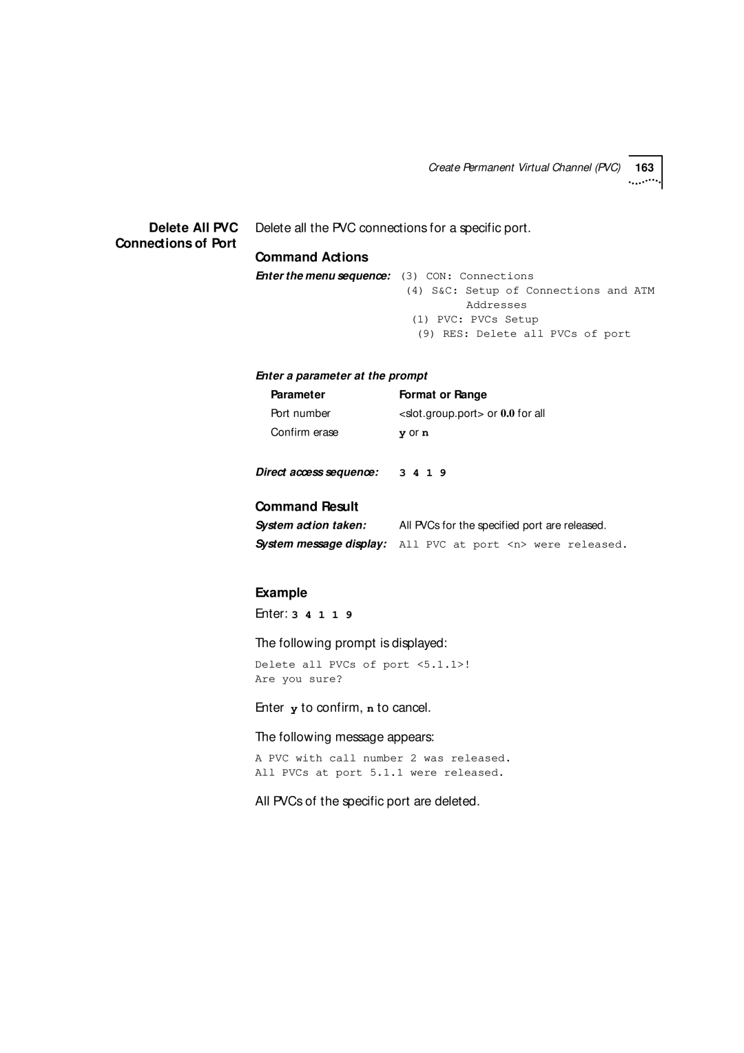 3Com 9000 manual Connections of Port Command Actions, All PVCs of the specific port are deleted 