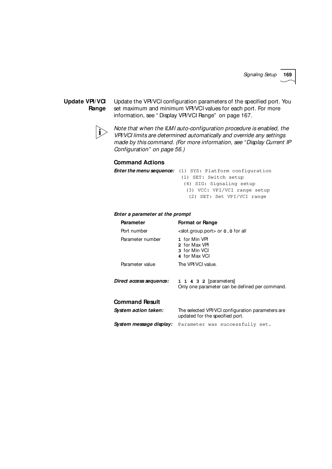 3Com 9000 manual Information, see Display VPI/VCI Range on, Parameter Format or Range 