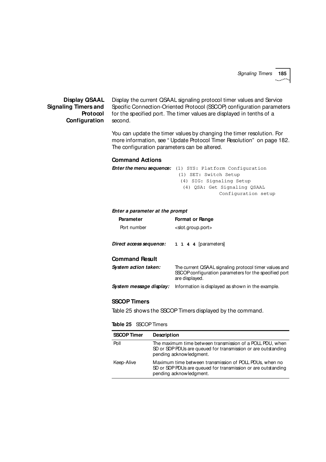 3Com 9000 manual Shows the Sscop Timers displayed by the command, QSA Get Signaling Qsaal, Configuration setup 