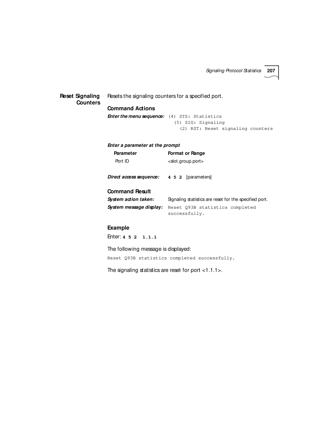 3Com 9000 manual Counters Command Actions, Signaling statistics are reset for port 