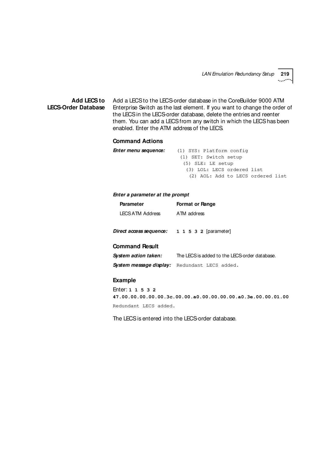 3Com 9000 Lecs is entered into the LECS-order database, SYS Platform config, LOL Lecs ordered list, Redundant Lecs added 