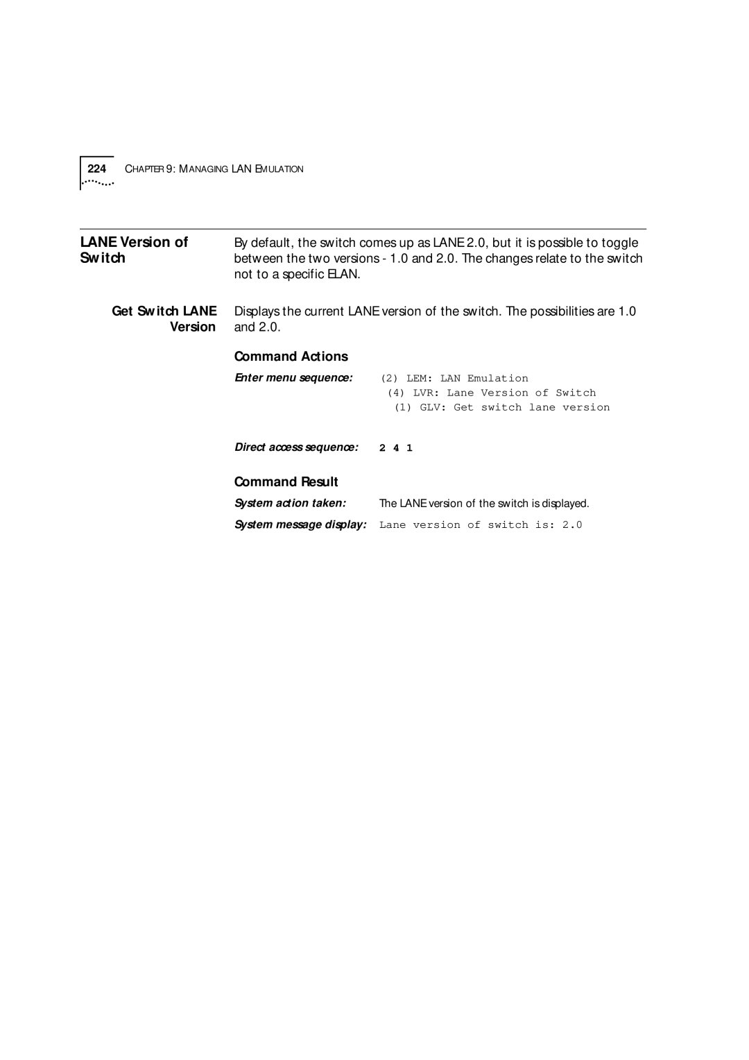 3Com 9000 manual Lane Version, Not to a specific Elan, Get Switch Lane, Version Command Actions 