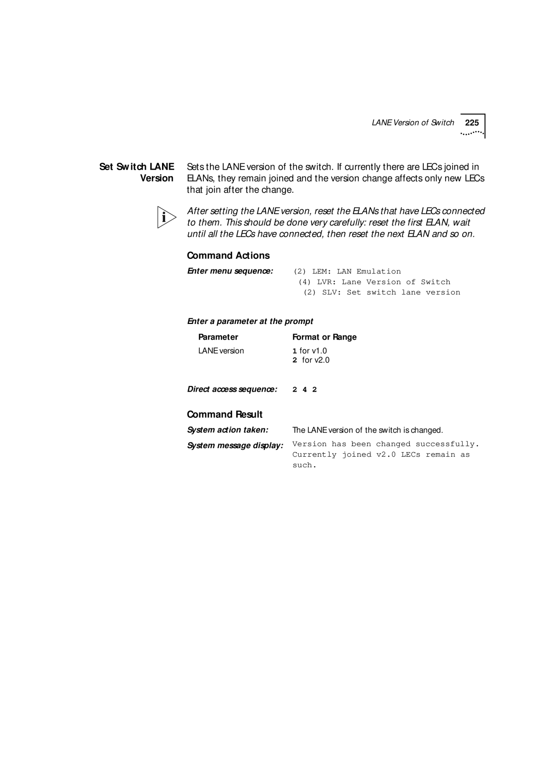 3Com 9000 manual That join after the change, Parameter Format or Range Lane version, Lane version of the switch is changed 