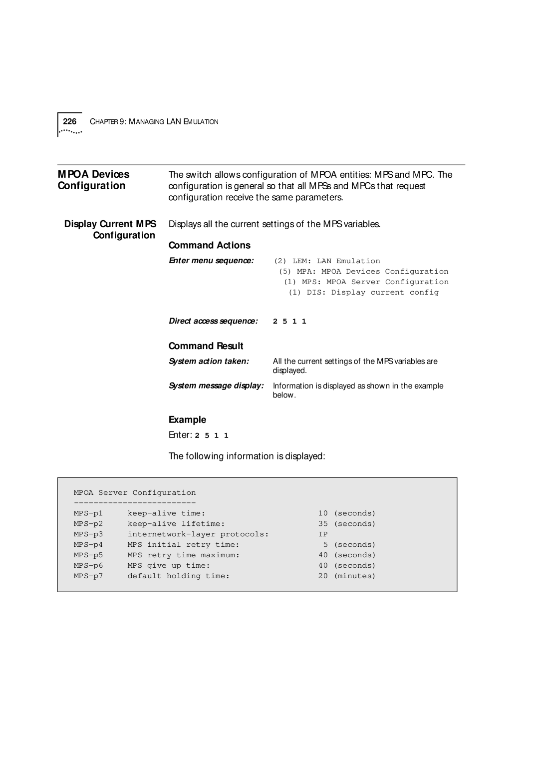 3Com 9000 manual Mpoa Devices, Display Current MPS, Configuration Command Actions 