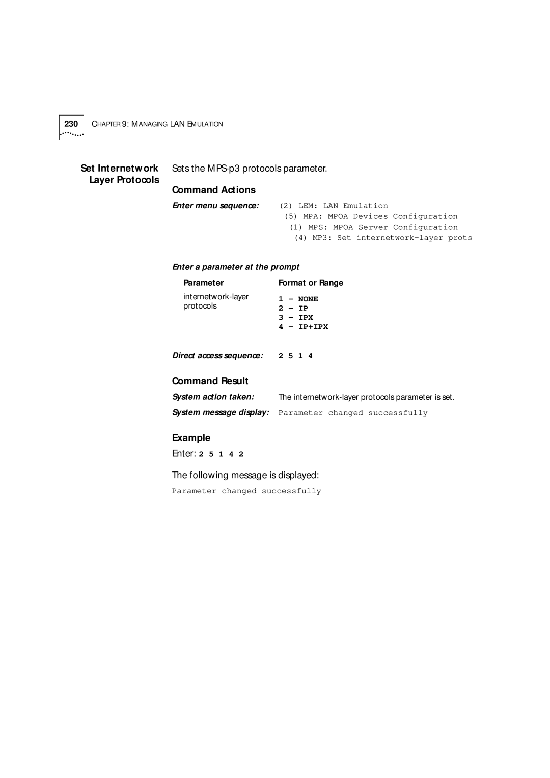 3Com 9000 manual Set Internetwork Sets the MPS-p3 protocols parameter, Layer Protocols Command Actions 