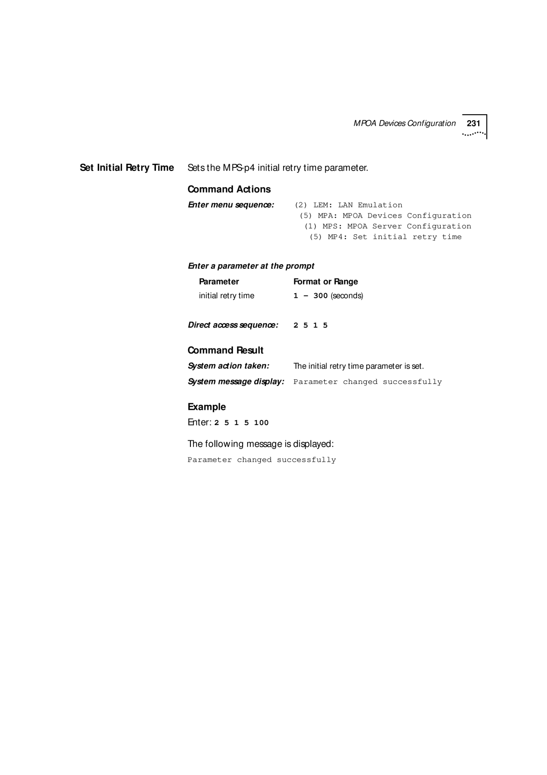 3Com 9000 LEM LAN Emulation, MPA Mpoa Devices Configuration, MPS Mpoa Server Configuration, MP4 Set initial retry time 