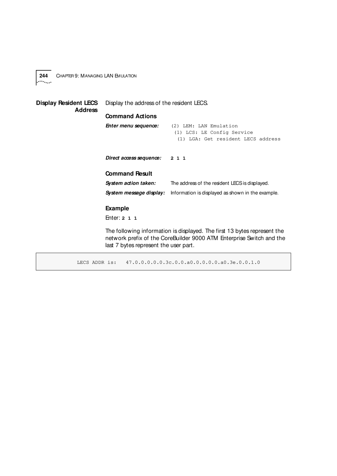 3Com 9000 manual Address Command Actions, Command Result 