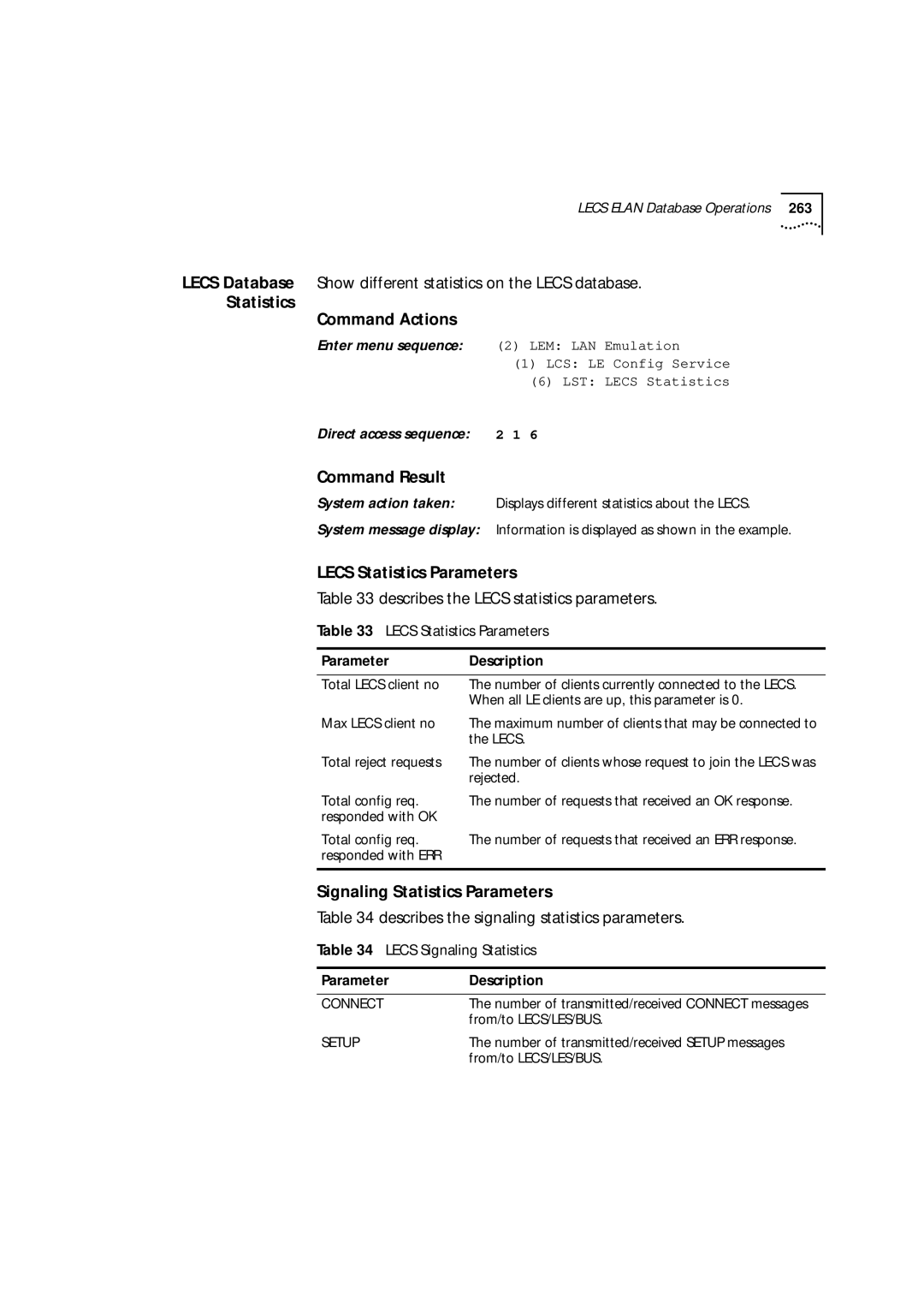 3Com 9000 manual Lecs Statistics Parameters, Describes the Lecs statistics parameters, Signaling Statistics Parameters 