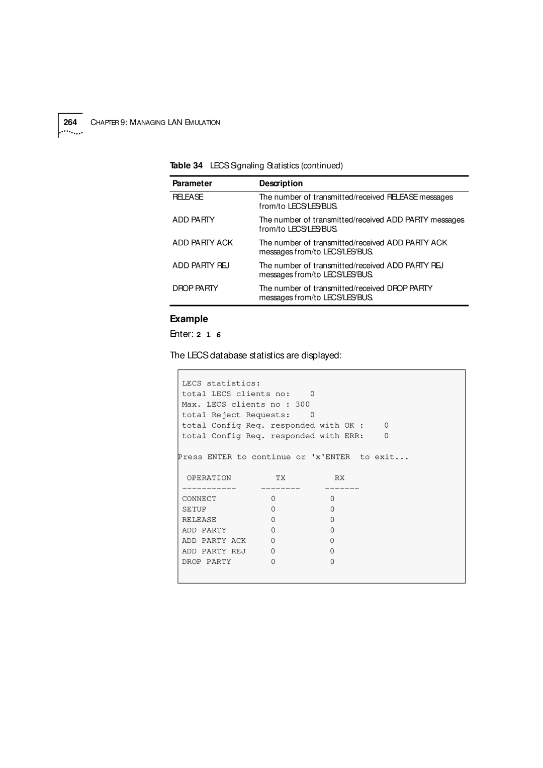 3Com 9000 manual Enter 2 1 Lecs database statistics are displayed 