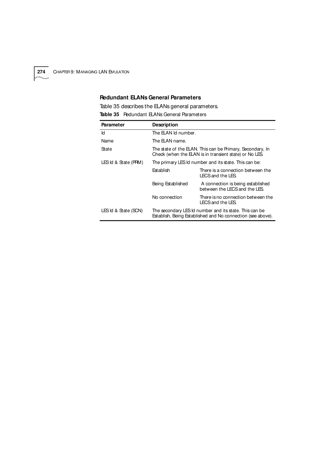 3Com 9000 manual Redundant ELANs General Parameters, Describes the ELANs general parameters 