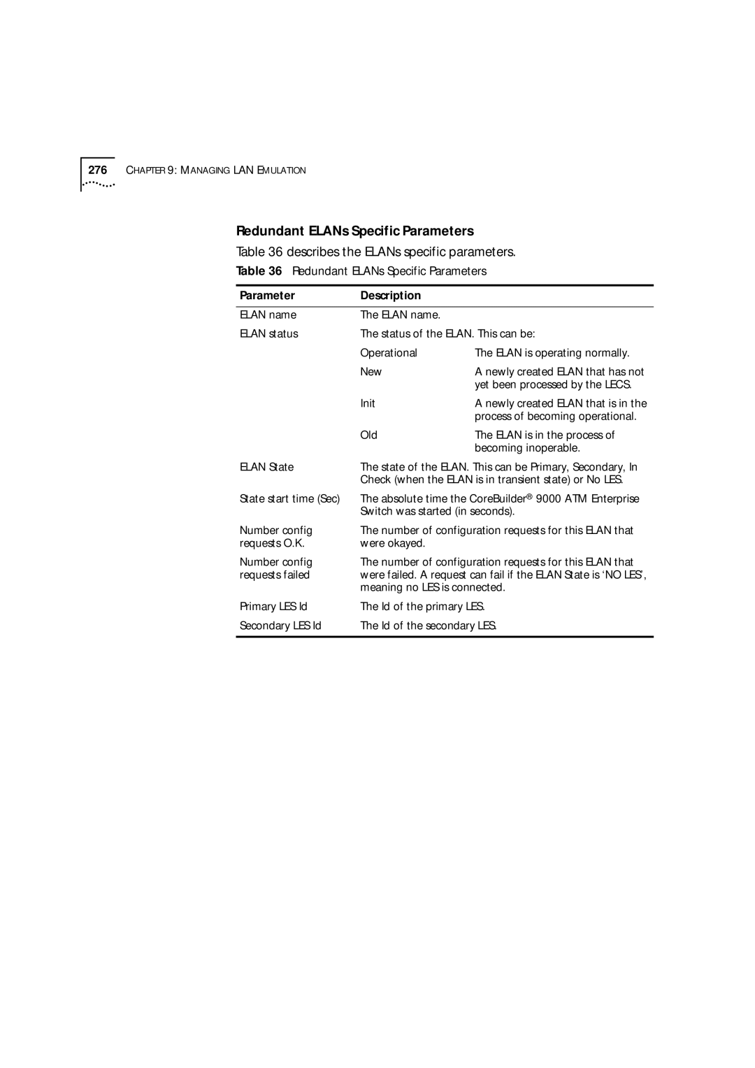 3Com 9000 manual Redundant ELANs Specific Parameters, Describes the ELANs specific parameters 