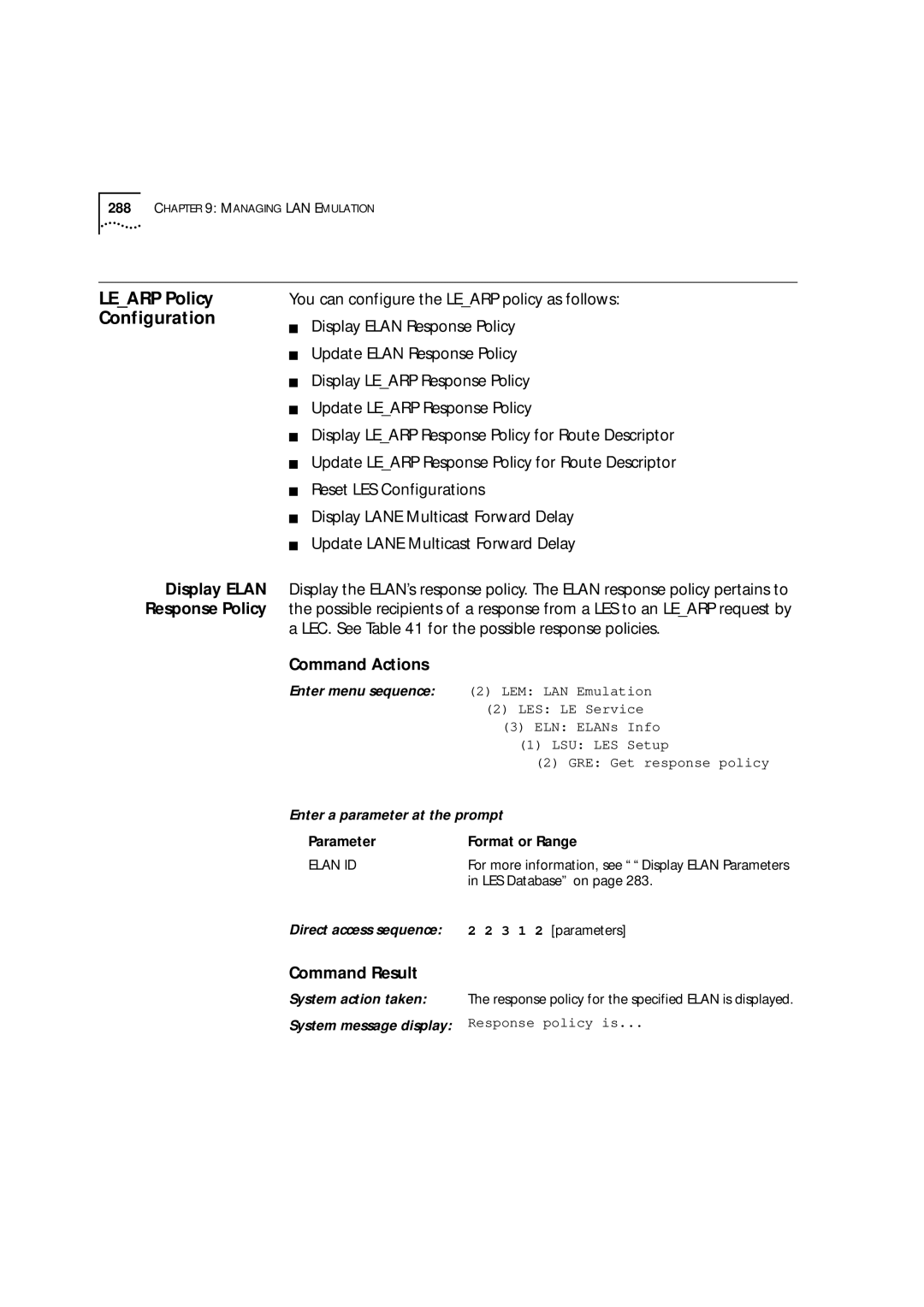 3Com 9000 manual Learp Policy Configuration, Display Elan Response Policy 