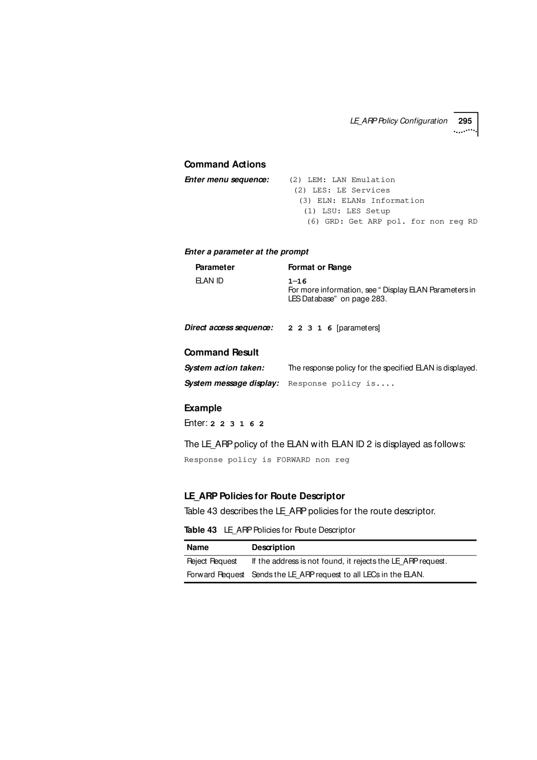 3Com 9000 Example Enter 2 2, Learp Policies for Route Descriptor, Describes the Learp policies for the route descriptor 