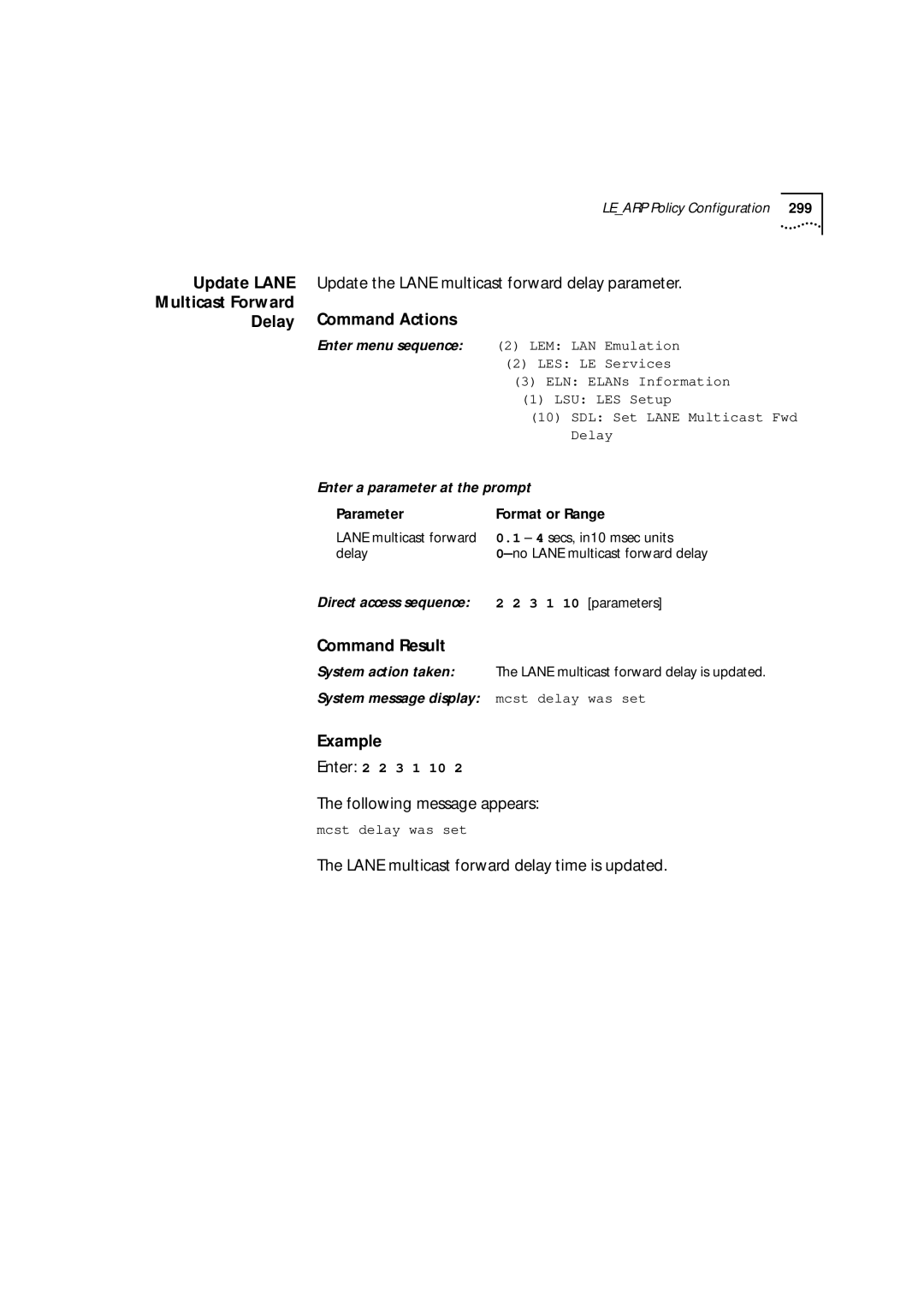 3Com 9000 manual Update Lane Multicast Forward Delay, Update the Lane multicast forward delay parameter 