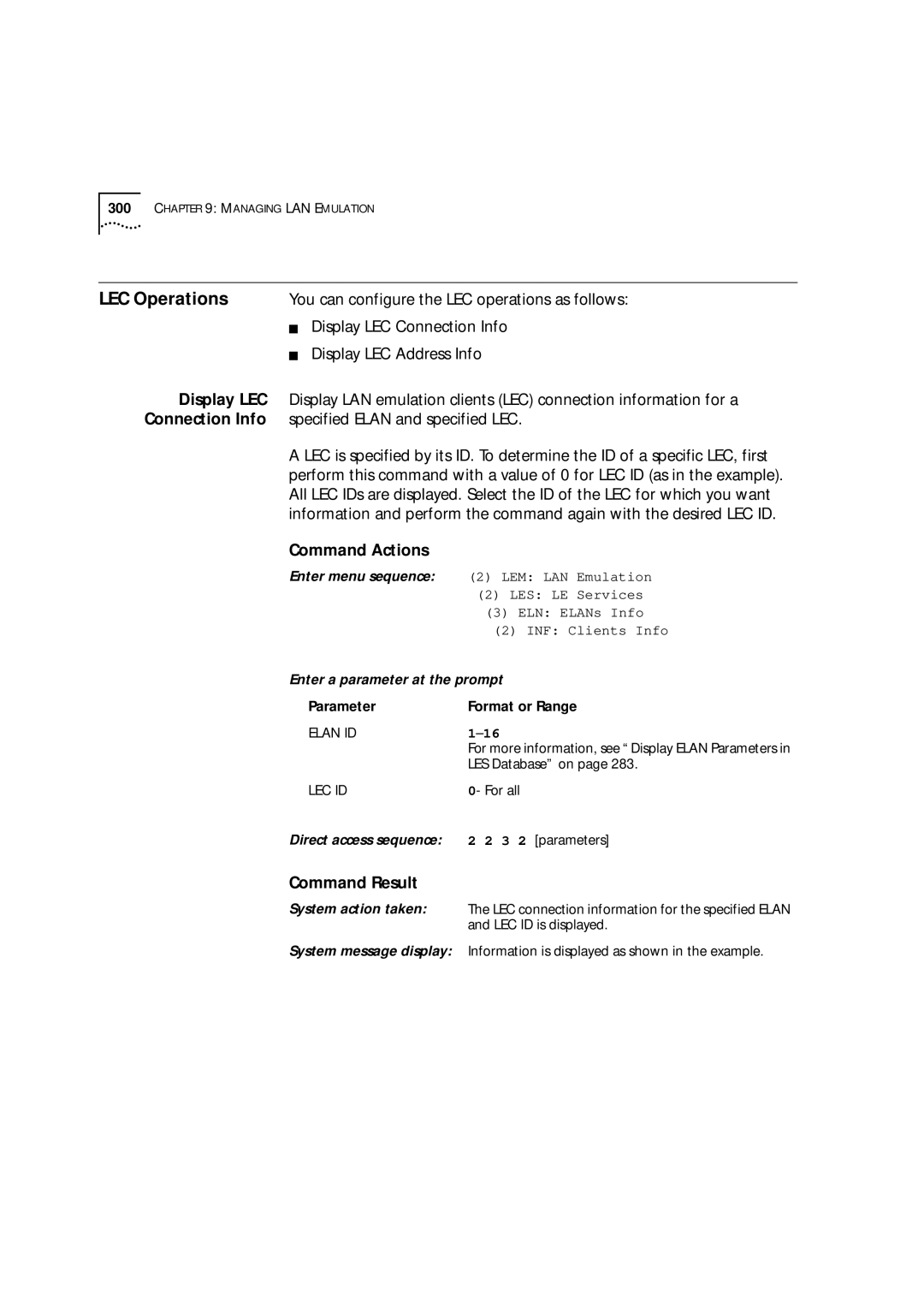 3Com 9000 manual LEC Operations, Display LEC, Connection Info 
