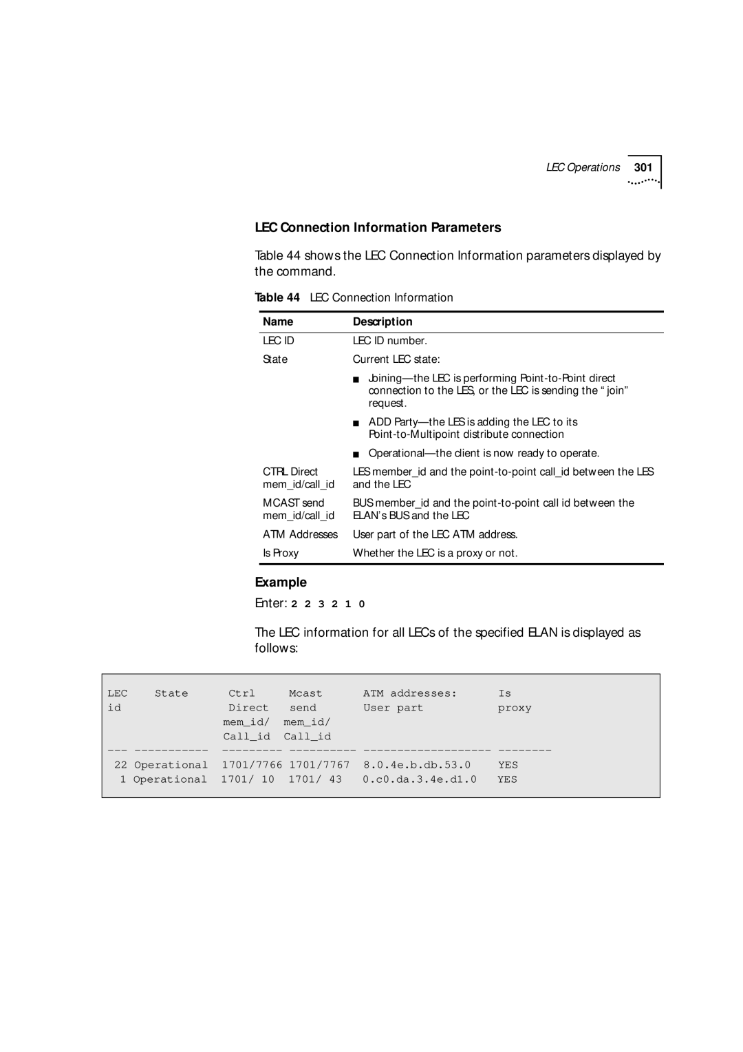 3Com 9000 manual LEC Connection Information Parameters 