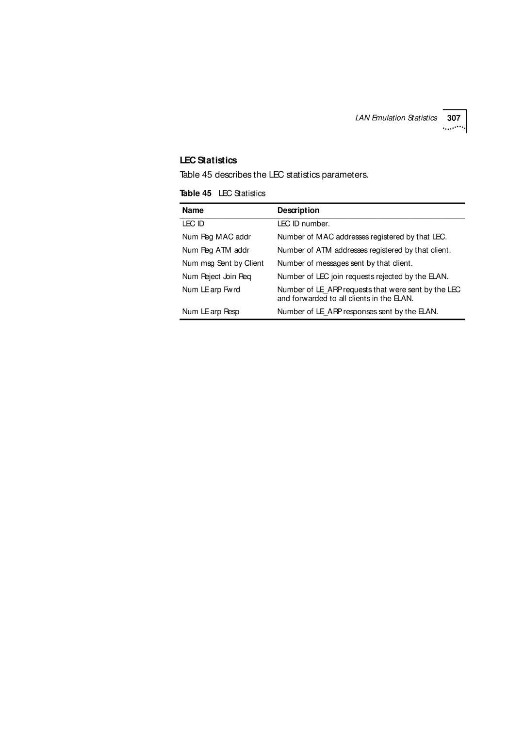 3Com 9000 manual LEC Statistics, Describes the LEC statistics parameters, NameDescription 