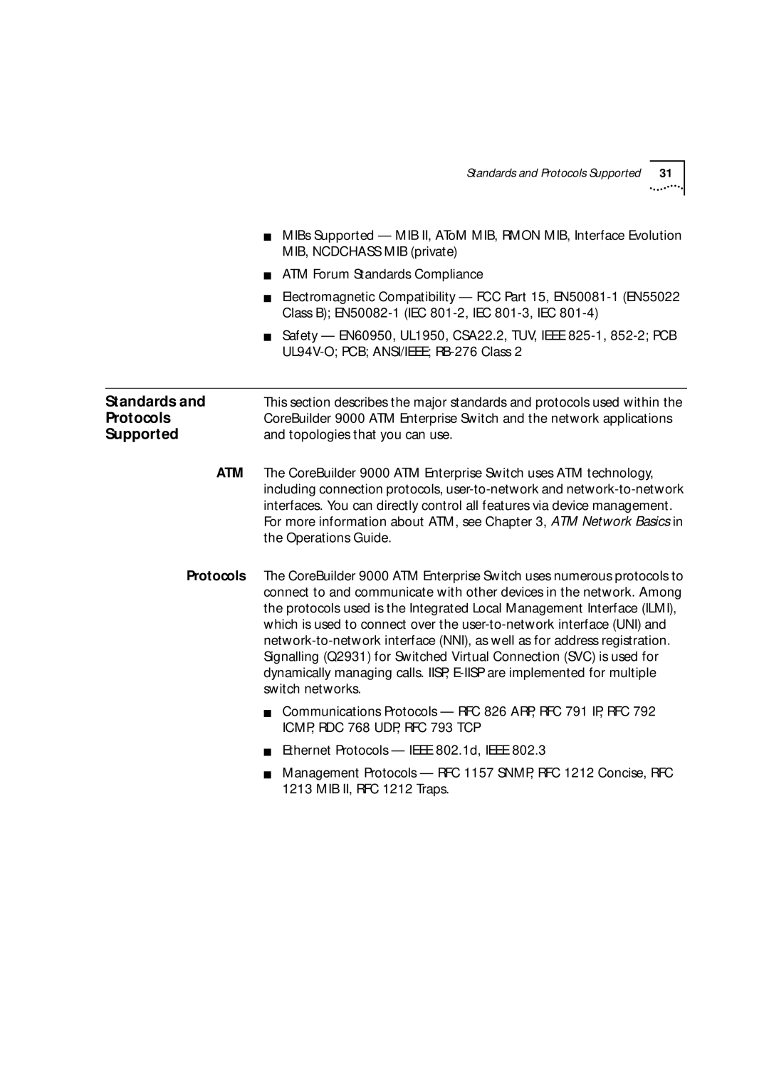 3Com 9000 manual Standards, Protocols, Supported 