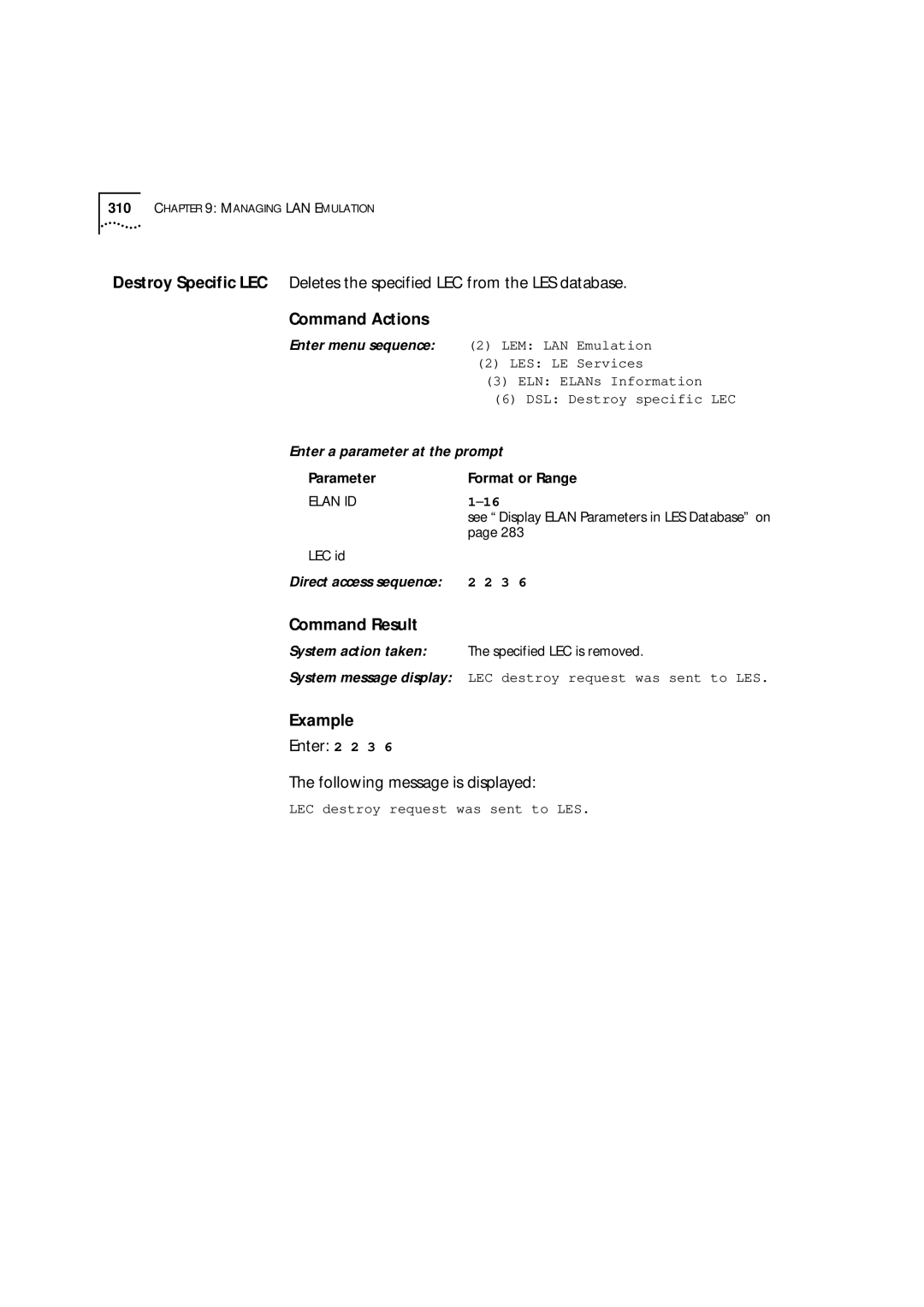 3Com 9000 manual DSL Destroy specific LEC 