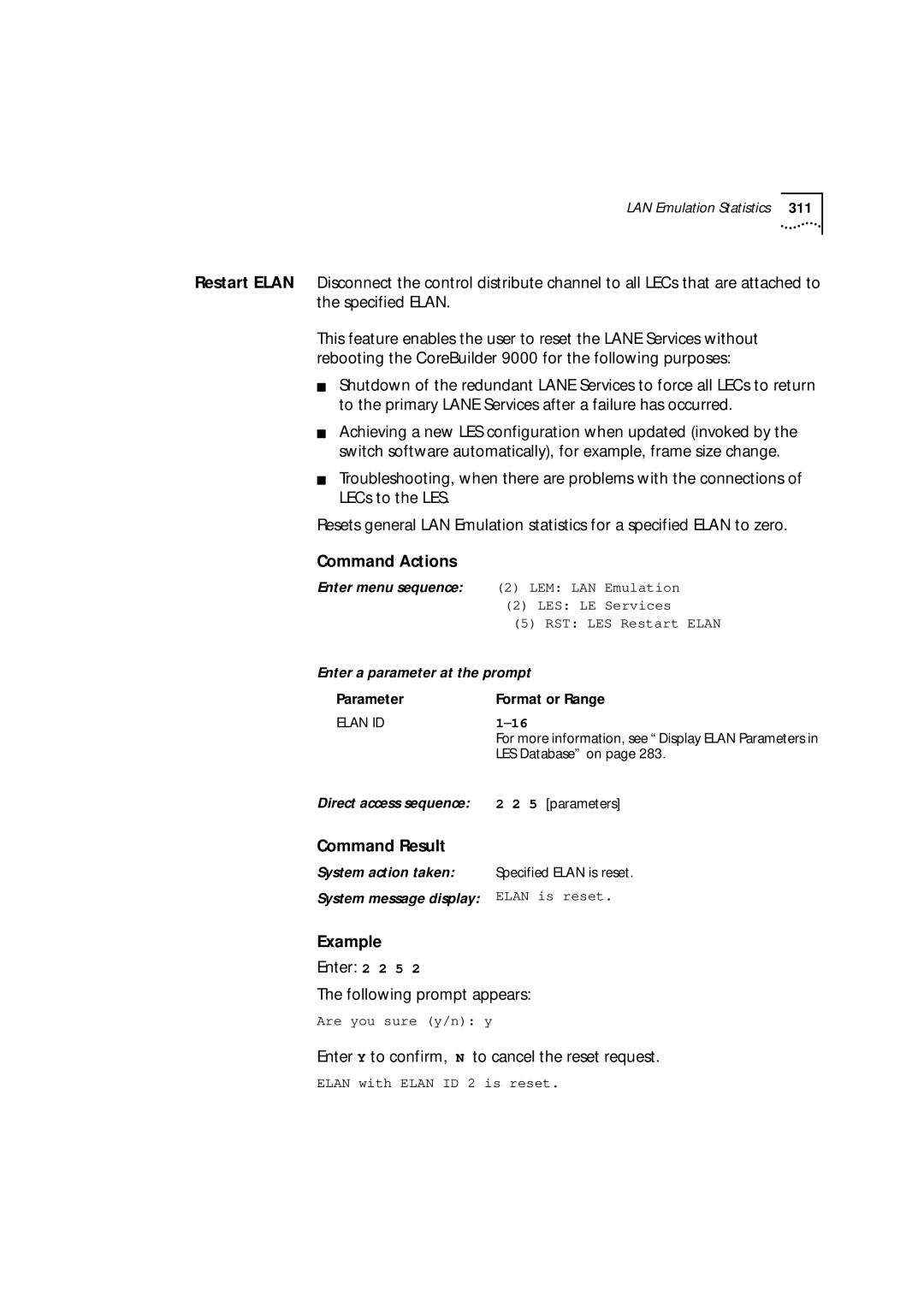 3Com 9000 manual Enter 2 2 5 Following prompt appears, Enter Y to confirm, N to cancel the reset request 