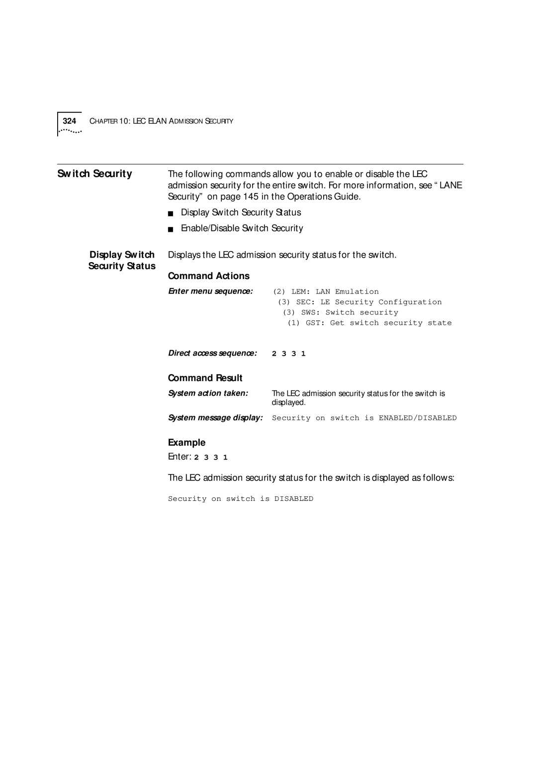 3Com 9000 manual Switch Security, Display Switch, Security Status Command Actions 