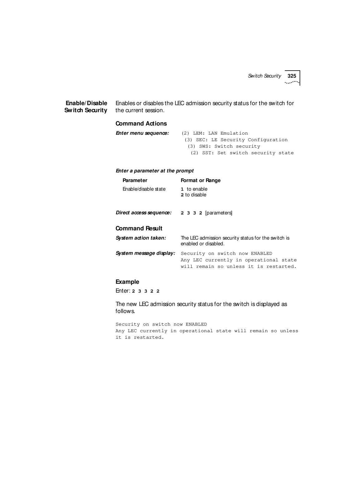 3Com 9000 manual SEC LE Security Configuration, SWS Switch security, SST Set switch security state 