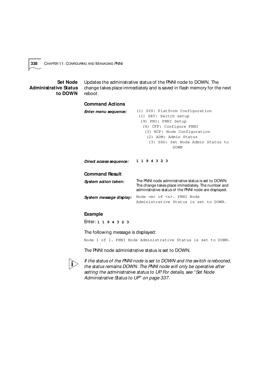 3Com 9000 manual To Down reboot Command Actions, Pnni node administrative status is set to Down 