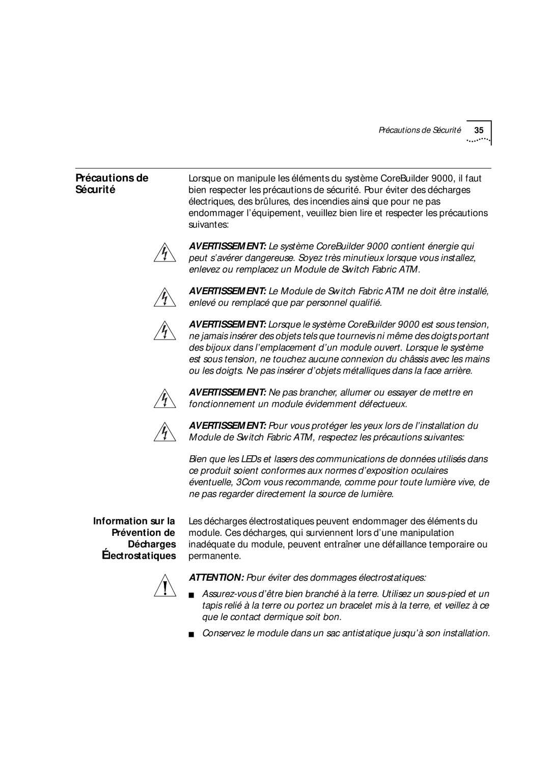 3Com 9000 manual Précautions de, Sécurité 