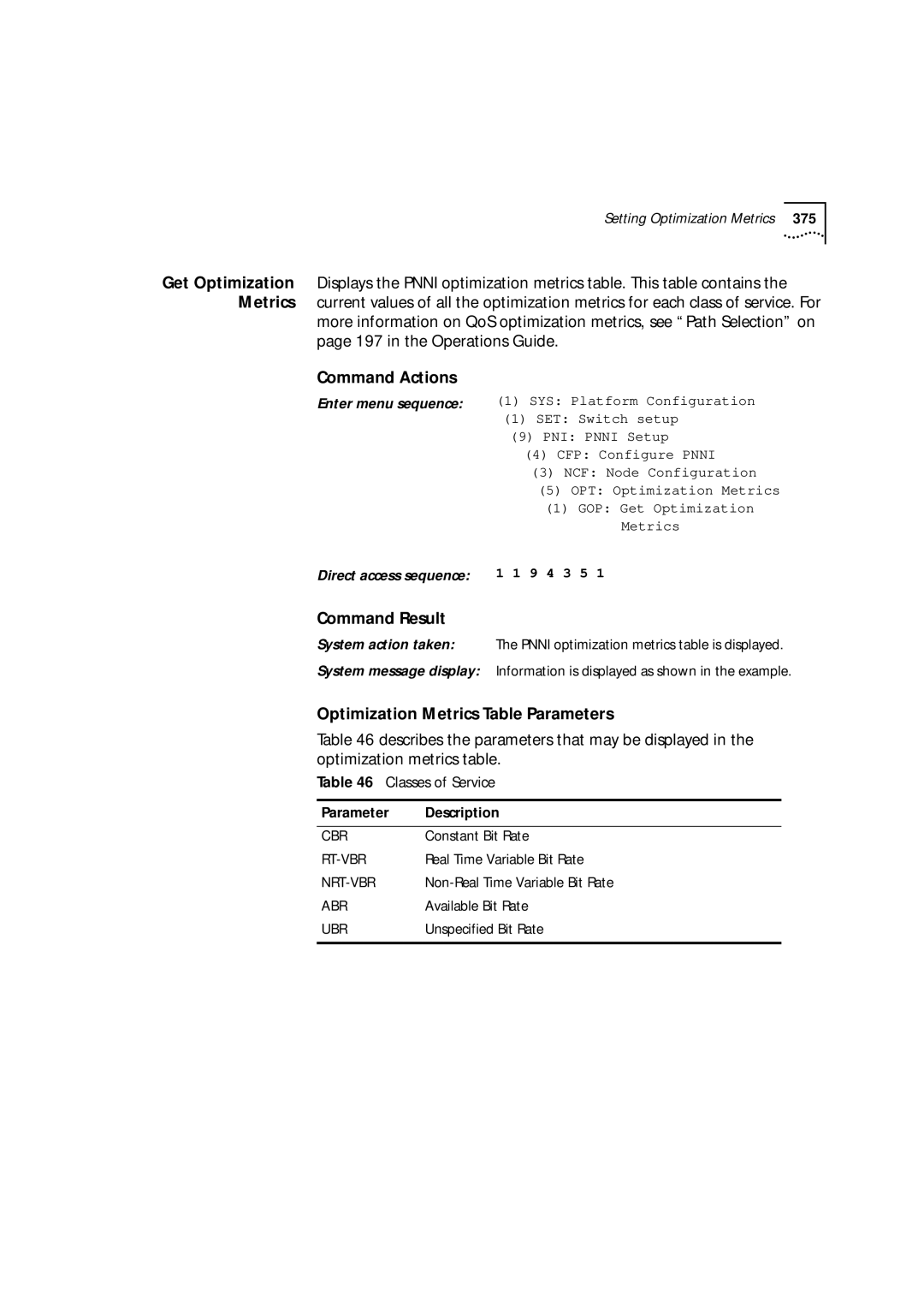 3Com 9000 manual Optimization Metrics Table Parameters, Classes of Service 