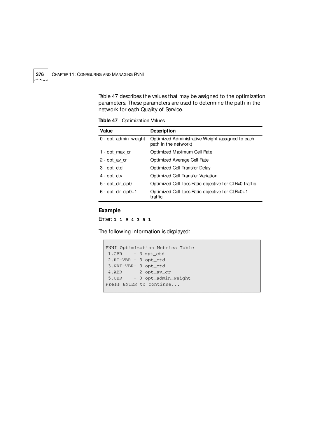 3Com 9000 manual Optimization Values, Value Description 