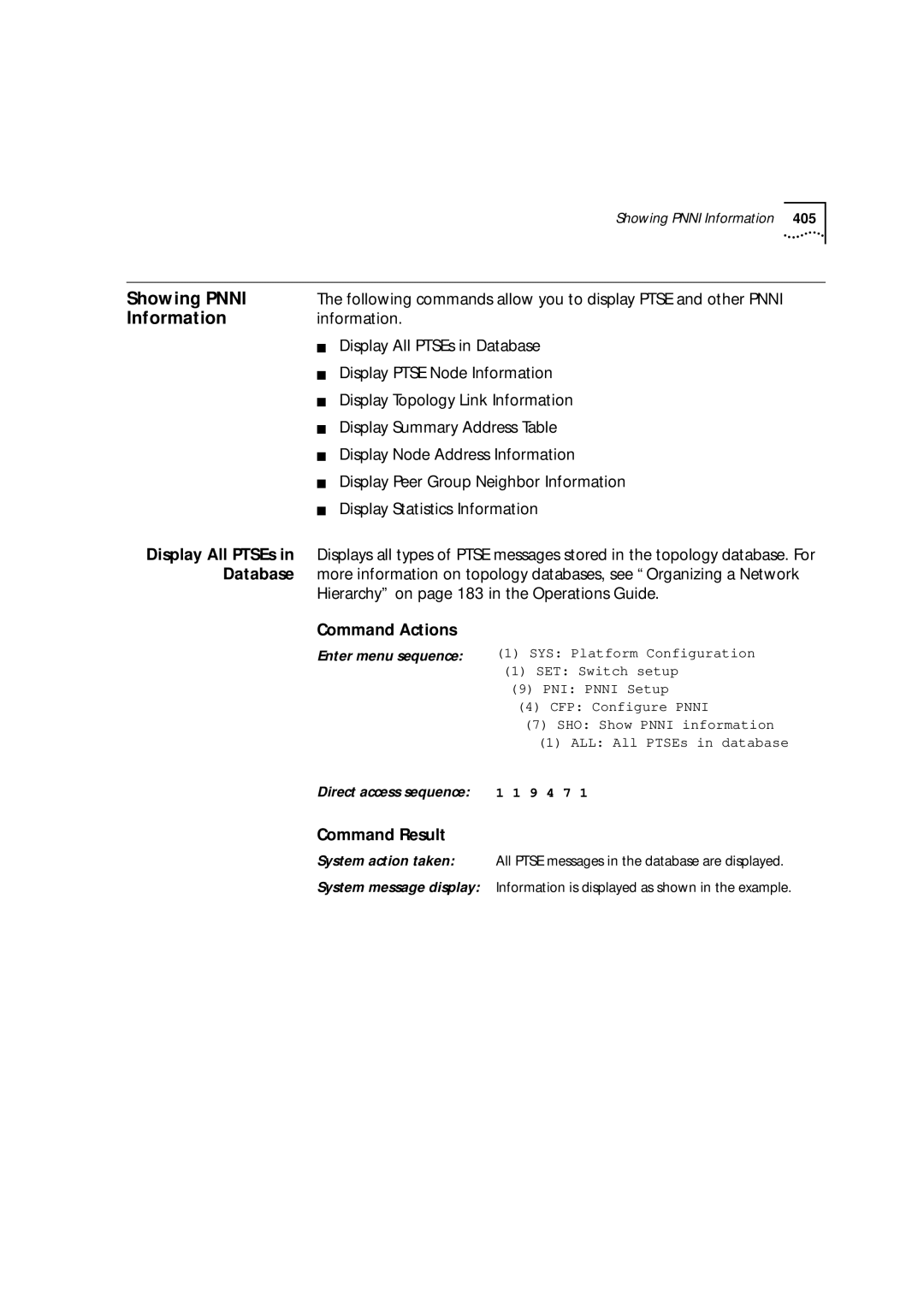 3Com 9000 manual Showing Pnni, Information, Following commands allow you to display Ptse and other Pnni, Display All PTSEs 