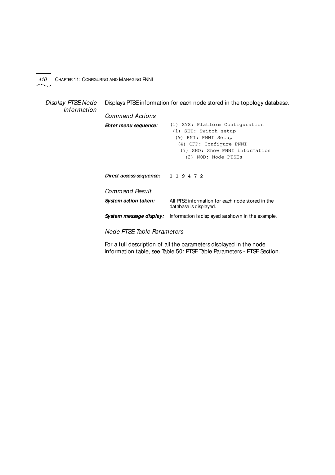 3Com 9000 manual Information Command Actions, Node Ptse Table Parameters 