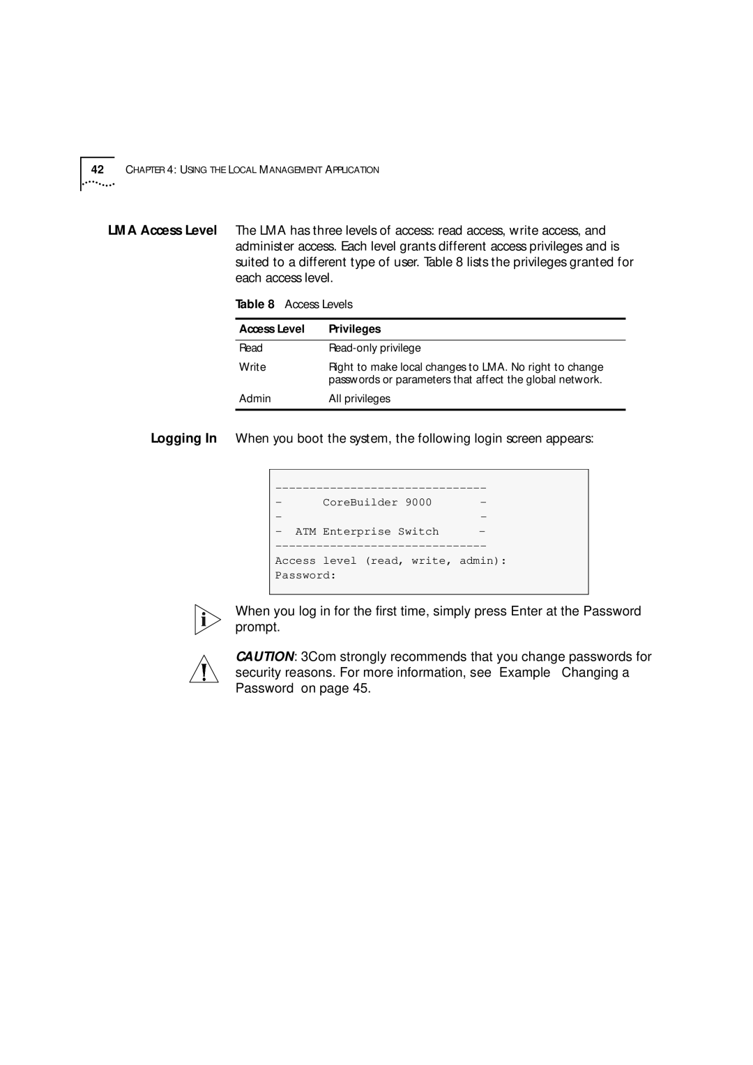 3Com 9000 manual Access Levels, Access Level Privileges 