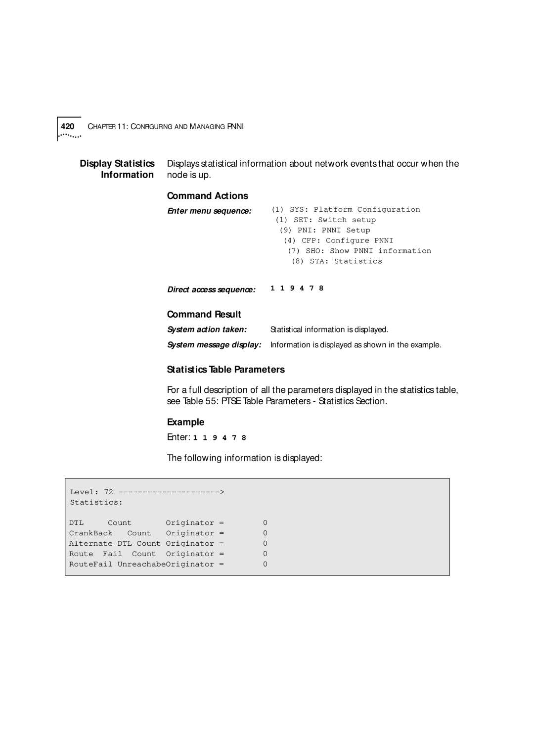 3Com 9000 manual Information node is up Command Actions, Statistics Table Parameters 