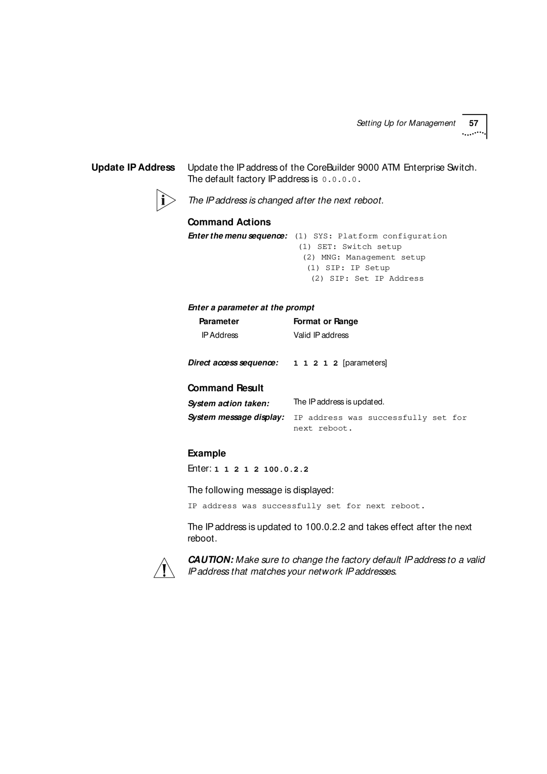 3Com 9000 manual MNG Management setup, SIP IP Setup, SIP Set IP Address, IP address was successfully set for, Next reboot 