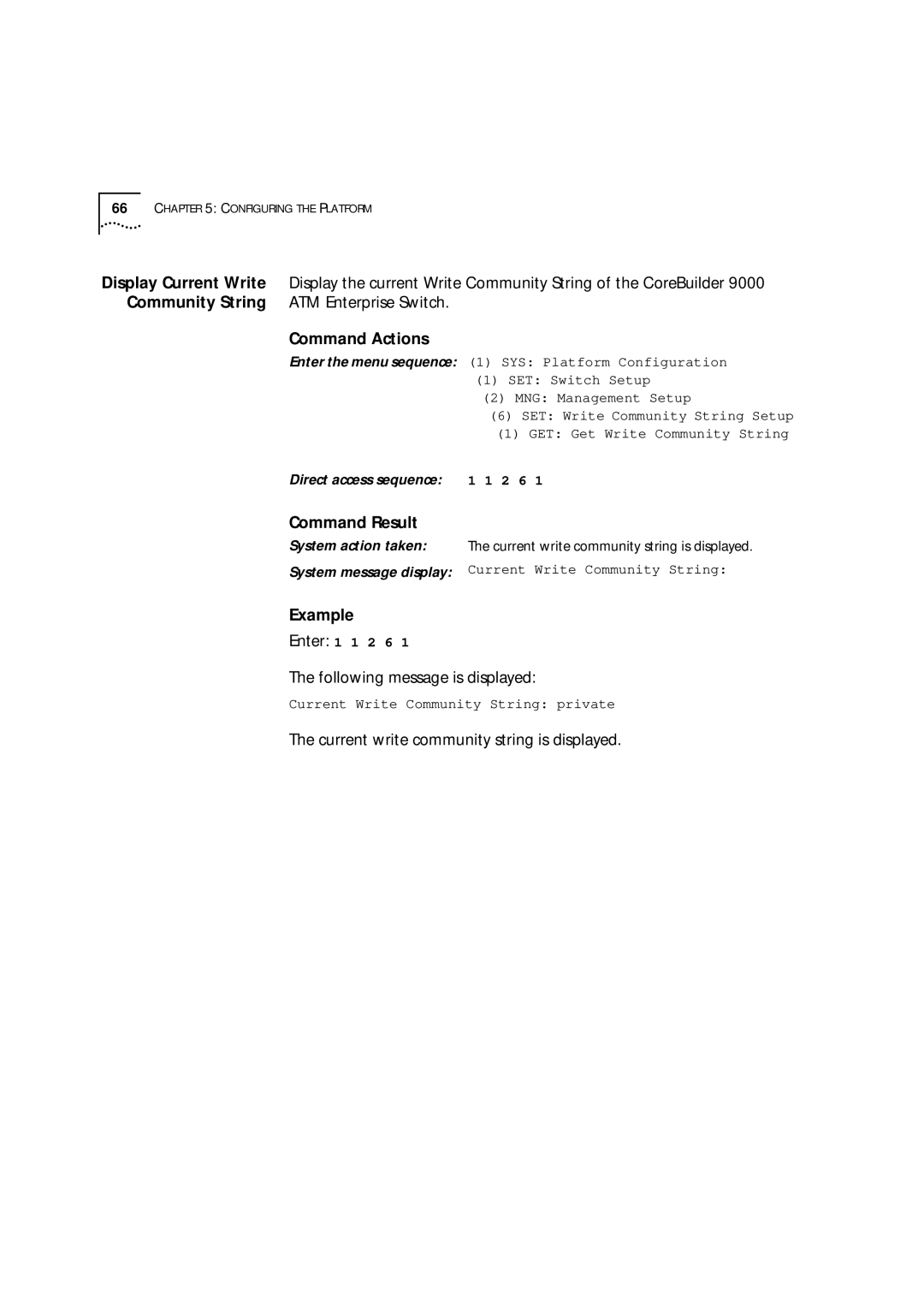 3Com 9000 manual ATM Enterprise Switch, Current write community string is displayed 